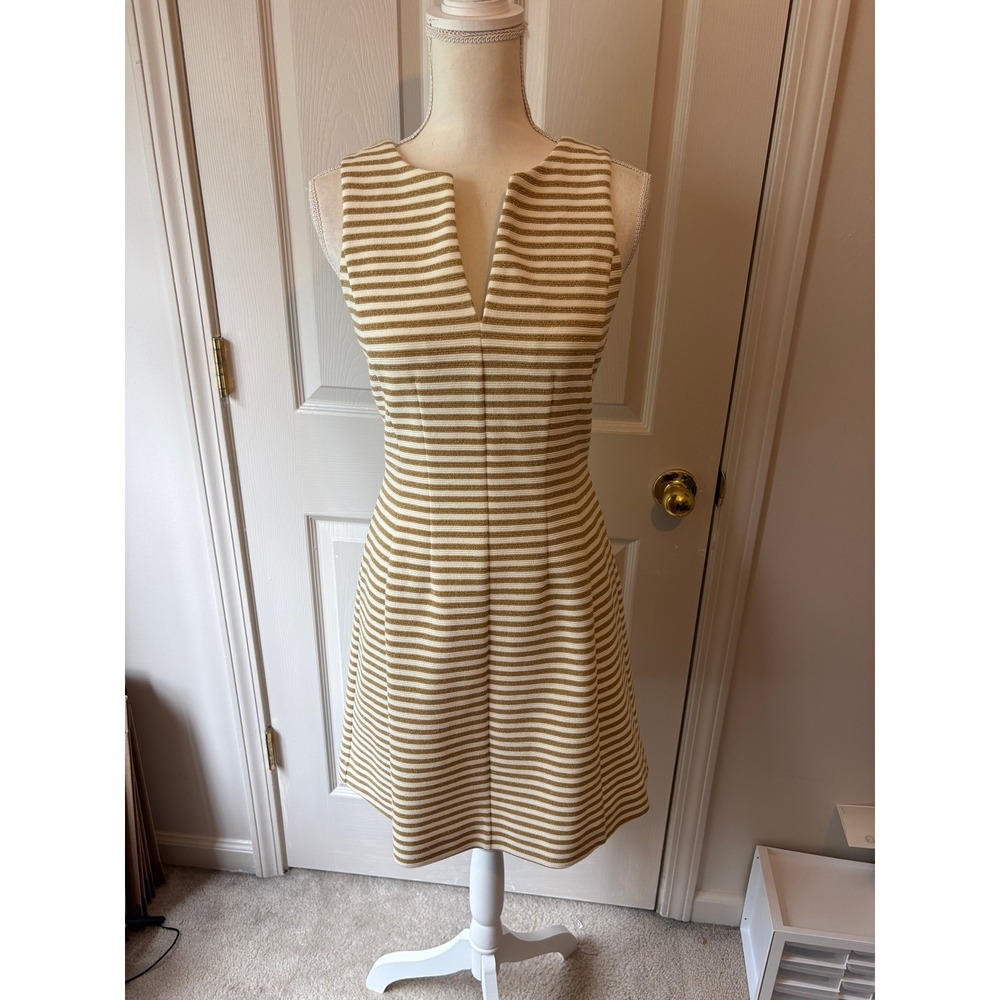 Lilly Pulitzer Shift Dress Womens S Gold White Striped Metallic Notched V-Neck